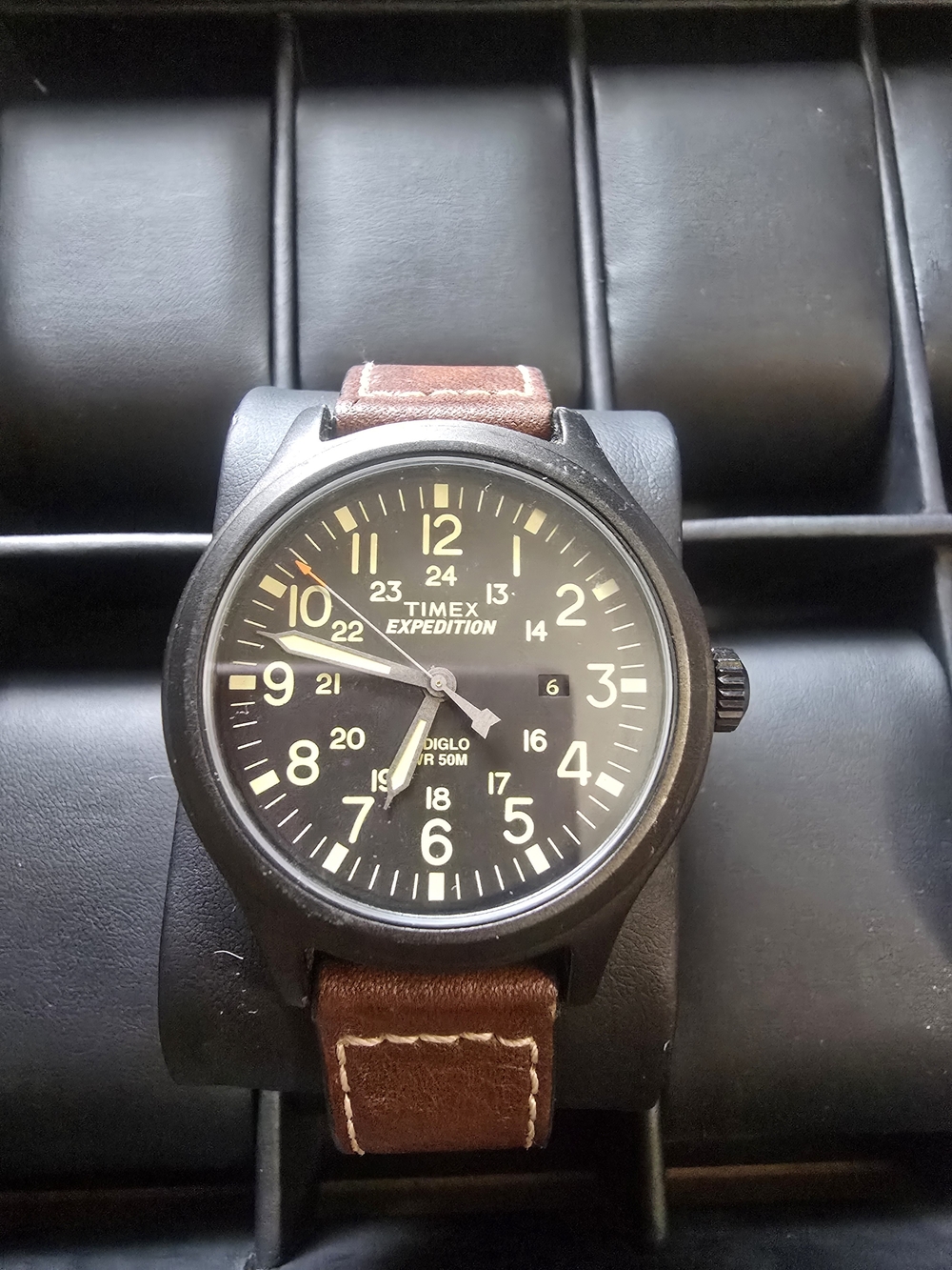 Timex Expedition Black Dial Men's Watch with Brown Leather Strap